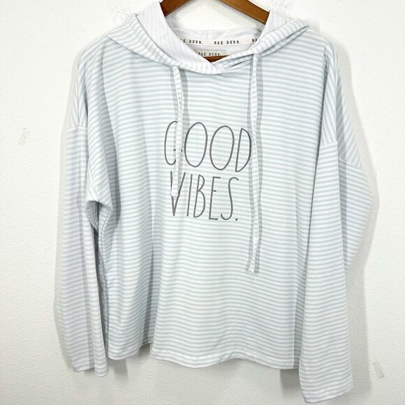 Rae Dunn Size Large Baby Blue White Striped Hooded Sweatshirt Good Vibes Camping - Picture 1 of 5